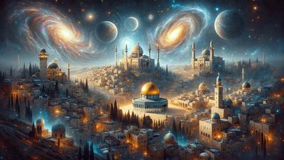 The primary subject of the image is a cityscape with a large, ornate building, possibly a mosque, surrounded by other buildings. The setting is a nighttime cityscape with a sky full of stars, creating a serene and peaceful atmosphere. The visual style is a digital art or illustration, showcasing the intricate details of the buildings and the celestial background. The colors and mood are predominantly dark, with the stars and the buildings providing a sense of depth and beauty.